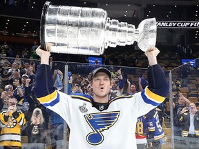 Jay Bouwmeester of the St. Louis Blues celebrates with the Stanley cup after defeating the Boston Bruins in the Stanley Cup final at TD Garden on June 12, 2019 in Boston. (Bruce Bennett/Getty Images)