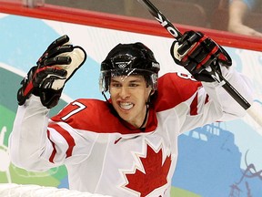 OLY--Vancouver 2010 Winter Olympics;  Canada's Sidney Crosby celebrates scoring the gold medal winning goal during the overtime period during the gold medal men's Olympic hockey game between team Canada and team USA at GM Place in Vancouver, B.C., on Sunday, Feb. 28, 2010. Photo by ANDRE FORGET/QMI AGENCY