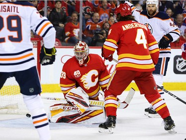 Calgary Flames goalie David Rittich watches this Edmonton Oilers shot get past him during NHL action in Calgary on Saturday, February 1, 2020.
