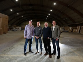 From left; Damian Petti, vice president with (IATSE), Trevor Smith, production designer with Partner Picture Inc., James Walsh owner of JR Film Studio and Alberta Federation of Labour president Gil McGowan were photographed in the empty J R Film Studio in Calgary on Tuesday, February 11, 2020. The film industry in Alberta says a simplified tax credit for film producers is desperately needed if the province wants to compete for a slice of the booming multibillion dollar content creation industry. Gavin Young/Postmedia