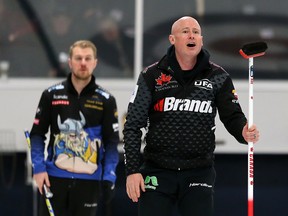 Canada's Kevin Koe reacts to a shot in the final of the ATB Glencoe Invitational Bonspiel against Sweden’s Niklas Edin at the Glencoe Club in Calgary on Sunday, February 16, 2020.