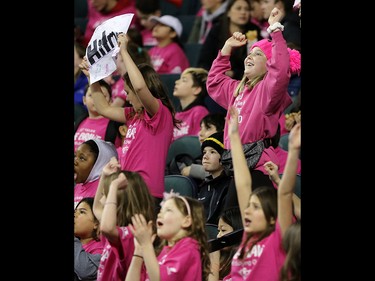 School children cheer on the Calgary Hitmen as they take on the Winnipeg Ice during the TELUS Be Brave #endbullying game on Thursday, February 27, 2020. The Hitmen won the game 4-1. Gavin Young/Postmedia