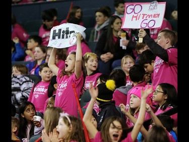 School children cheer on the Calgary Hitmen as they take on the Winnipeg Ice during the TELUS Be Brave #endbullying game on Thursday, February 27, 2020. The Hitmen won the game 4-1. Gavin Young/Postmedia