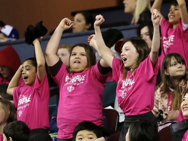 School children cheer on the Calgary Hitmen as they take on the Winnipeg Ice during the TELUS Be Brave #endbullying game on Thursday, February 27, 2020. The Hitmen won the game 4-1. Gavin Young/Postmedia