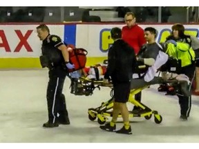 CTV Calgary video frame grab of Calgary Flames defenceman TJ Brodie, who collapsed during a Nov. 14, 2019, practice at the Scotiabank Saddledome in Calgary.