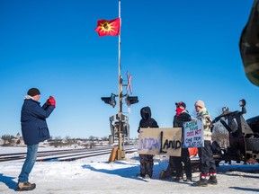 First Nations members of the Tyendinaga Mohawk Territory block train tracks servicing Via Rail, as part of a protest against British Columbia's Coastal GasLink pipeline, in Belleville, Ontario, Canada February 8, 2020.