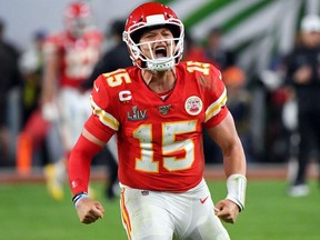 Kansas City Chiefs quarterback Patrick Mahomes celebrates after a touchdown in the fourth quarter against the San Francisco 49ers in Super Bowl LIV at Hard Rock Stadium.