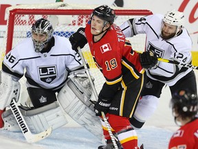 Seen here laying the lumber on Matthew Tkachuk while a member of the Los Angeles Kings on March 25, 2019, Derek Forbort is now a Calgary Flame.