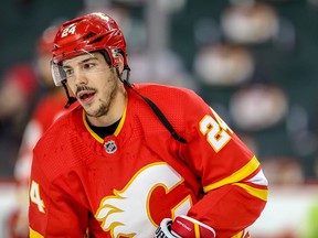 Calgary Flames defenceman Travis Hamonic was injured in Vancouver on Saturday, Feb. 8, 2020.