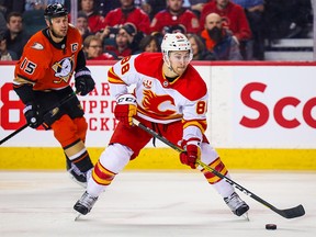 Feb 17, 2020; Calgary, Alberta, CAN; Calgary Flames left wing Andrew Mangiapane (88) controls the puck against the Anaheim Ducks during the third period at Scotiabank Saddledome. Mandatory Credit: Sergei Belski-USA TODAY Sports ORG XMIT: USATSI-405909