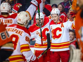 Calgary Flames Matthew Tkachuk celebrates his goal against the Anaheim Ducks during the third period at Scotiabank Saddledome on Sunday, Feb. 17, 2020.