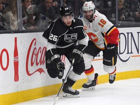 Calgary Flames centre Tobias Rieder in action at the Staples Center in Los Angeles on Wednesday night. West Coast road swings, like the one the Flames are on now, means some late nights or early mornings for his parents in Germany.