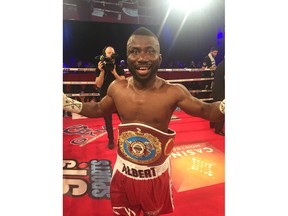 Albert Onolunose celebrates winning the NABO middleweight title over Francis Lafreniere of Montreal on Thursday, March 15, 2018. Photo courtesy Dekada Boxing