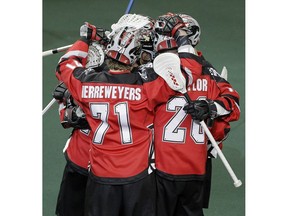 The roughnecks celebrate a goal during the 1st half of action as the Calgary Roughnecks take on the New York Riptide at the Saddledome.  Saturday, February 8, 2020. Brendan Miller/Postmedia