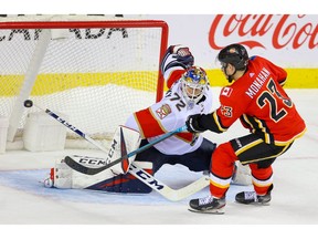 Calgary Flames Sean Monahan with a shootout goal against Florida Panthers during NHL hockey in Calgary on Thursday October 24, 2019. Al Charest / Postmedia