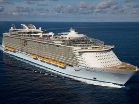 The launch of Royal Caribbean International's Oasis of the Seas, the worlds largest cruise ship. Aerial views off Miami.