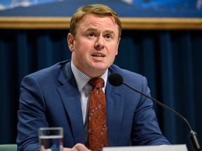 Alberta Health Minister Tyler Shandro speaks at a news conference at McDougall Centre in Calgary on Monday, Feb. 3, 2020.