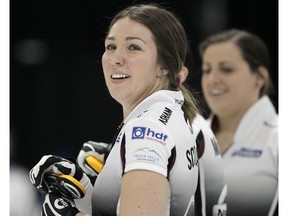 Nadine Scotland of Team Walker reacts to a throw as Team Rocque and Team Walker meet in semifinal action at the Alberta Scotties in Okotoks on Jan. 25. Photo by Brendan Miller/Postmedia.