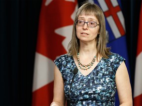 Alberta's chief medical officer of health Dr. Deena Hinshaw announced that the first death in Alberta from COVID-19 is an Edmonton man in his 60s as cases jump to 146 at a press conference at the Alberta Legislature, on Thursday, March 19, 2020. Photo by Ian Kucerak/Postmedia