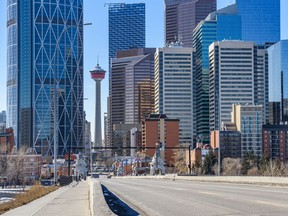 Pictured is the mostly deserted Centre Street Bridge in Calgary on Thursday, March 26, 2020.