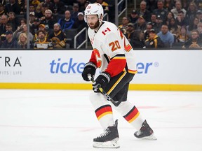 Derek Forbort skates in his first game with the Calgary Flames in Boston on Feb. 25, 2020.