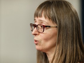 Dr. Deena Hinshaw, Alberta's chief medical officer of health, gives an update on the COVID-19 testing regimen and the provincial health response to the ongoing global pandemic at the Alberta Legislature in Edmonton, on Monday, March 23, 2020. Photo by Ian Kucerak/Postmedia