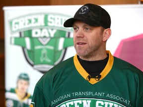 David Ayres speaks to media at the Marriott In-Terminal Hotel in Calgary on Friday, March 6, 2020 to launch the second year of Green Shirt Day, in memoriam and in honour of Logan Boulet and all of the April 6, 2018 Humboldt Broncos bus crash victims and survivors.