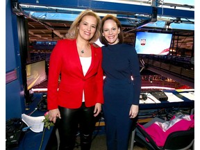 Cassie Campbell-Pascall (L) and Leah Hextall ready for the bradcast for International Women's Day before NHL action between the Las Vegas Knights and the Calgary Flames in Calgary Sunday, March 8, 2020. Jim Wells/Postmedia