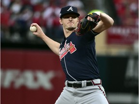 Oct 6, 2019; St. Louis, MO, USA; Atlanta Braves starting pitcher Mike Soroka (40) throws against the St. Louis Cardinals during the seventh inning in game three of the 2019 NLDS playoff baseball series at Busch Stadium. Mandatory Credit: Jeff Curry-USA TODAY Sports ORG XMIT: USATSI-408399