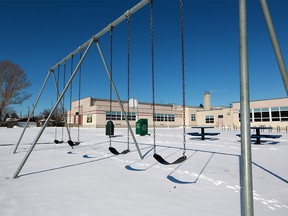The playground at Mount View School in Calgary was quiet after COVID-19 precautions forced the closure of schools across the province on Monday, March 16, 2020.  Gavin Young/Postmedia