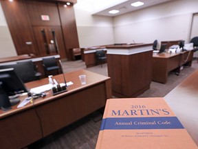 Inside a courtroom at the Calgary Courts Centre.