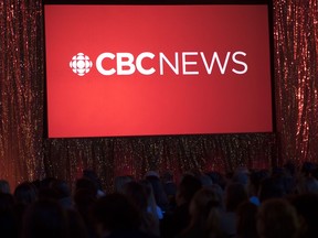The CBC News logo is projected onto a screen during the CBC's annual upfront presentation at The Mattamy Athletic Centre in Toronto, May 29, 2019. The CBC is temporarily scrapping most of its local TV newscasts in response to the evolving COVID-19 crisis and putting the focus on coverage at CBC News Network.
