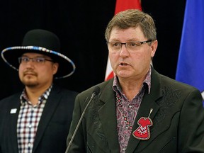 Rick Wilson (right, Alberta Minister of Indigenous Relations) and Billy Morin (left, Grand Chief, Confederacy of Treaty 6 First Nations) at a news conference held in Edmonton on Saturday March 28, 2020. (PHOTO BY LARRY WONG/POSTMEDIA)