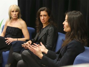 (L-R) Sue Tomney, YW Calgary CEO, Jodi Kantor and Megan Twohey speak to media in Calgary on Wednesday, March 4, 2020. Kantor and Twohey, are Pulitzer Prize-winning journalists who broke the story of Harvey WeinsteinÕs decades of abuse towards women. Jim Wells/Postmedia  Jim Wells/Postmedia