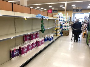 Shelves in Calgary are still looking bare of toilet paper over the COVID-19 virus. Picture taken at the Safeway in Dalhousie in Calgary on Tuesday, March 10, 2020. Darren Makowichuk/Postmedia