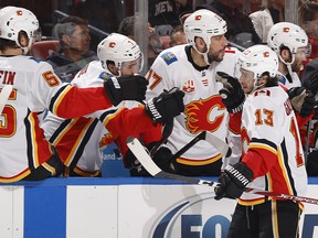 Flames forward Johnny Gaudreau celebrates after scoring in the first period against the Florida Panthers on March 1, 2020.