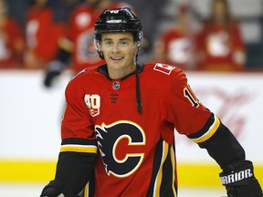 Calgary Flames, Derek Ryan in his 300th NHL game during warm up against the Columbus Blue Jackets at the Scotiabank Saddledome in Calgary on on Wednesday, March 4, 2020. Darren Makowichuk/Postmedia