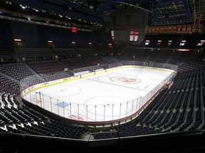Inside the empty Scotiabank Saddledome on March 12, 2020.