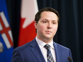 Minister of Agriculture and Forestry, Devin Dreeshen provides an update on the ongoing work to protect food security amid COVID-19 on Thursday, March 26, 2020, in Edmonton. (Greg Southam-Postmedia)