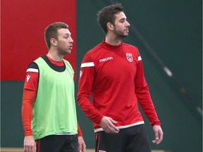 Oliver Minatel (L) and Robert Boskovic train with the Cavalry FC in Calgary at the Macron Performance Centre Wednesday, March 11, 2020. Boskovic, 21 yrs, from Mississauga, ON, comes to the CPL team on a season-long loan from Toronto FC. Jim Wells/Postmedia