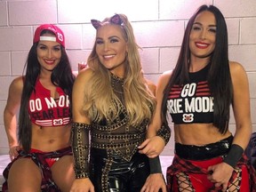 Nattie (centre) with Nikki and Brie Bella backstage at Monday Night Raw. (Supplied Photo)