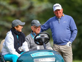 PGA golfer Mark O'Meara chats with JR Shaw and his wife Carol during the 2019 RBC Pro-Am at Shaw Charity Classic at Canyon Meadows Golf Club on Thursday, August 29, 2019. Al Charest / Postmedia
