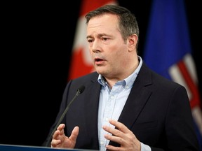 Premier Jason Kenney speaks during a provincial COVID-19 update at the Federal Building at the Alberta Legislature in Edmonton on Friday, March 27, 2020.