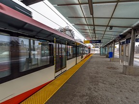 A CTrain makes a stop at an empty Dalhousie station in Calgary on Thursday, April 2, 2020. Azin Ghaffari/Postmedia