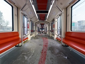 Pictured is a nearly empty CTrain in Calgary on Thursday, April 2, 2020. Azin Ghaffari/Postmedia