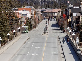 Mostly deserted downtown Banff, Ab., on Sunday April 19, 2020.