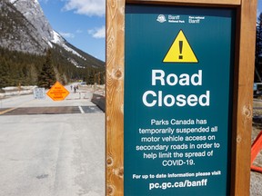 Road to Lake Minnewanka closed to motor vehicles in Banff National Park at Banff, Ab., on Sunday April 19, 2020. Mike Drew/Postmedia