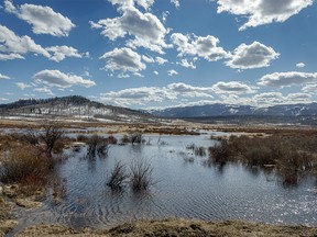 Melt water backs up in a pond south of Chain Lakes Park, Ab., on Tuesday, April 21, 2020. Mike Drew/Postmedia