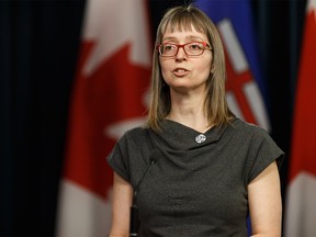 Dr. Deena Hinshaw, Chief Medical Officer of Health, speaks about the COVID-19 pandemic during a press conference at the Alberta Legislature in Edmonton, on Wednesday, March 25, 2020. Photo by Ian Kucerak/Postmedia