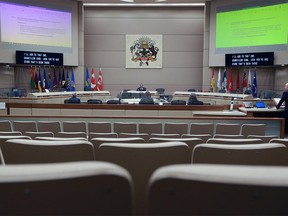 Calgary Mayor Naheed Nenshi was the only member of council in council chambers on Monday, April 6, 2020. The rest of council took part from home amidst COVID-19 precautions.